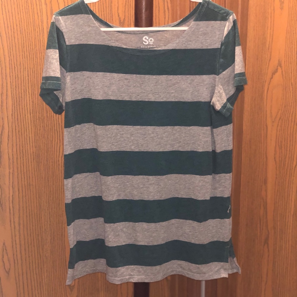 Green and white/grey striped tee